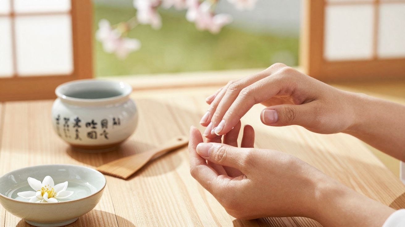 Mãos femininas a aplicar creme hidratante num ambiente zen com jarra e flor branca sobre mesa de madeira.