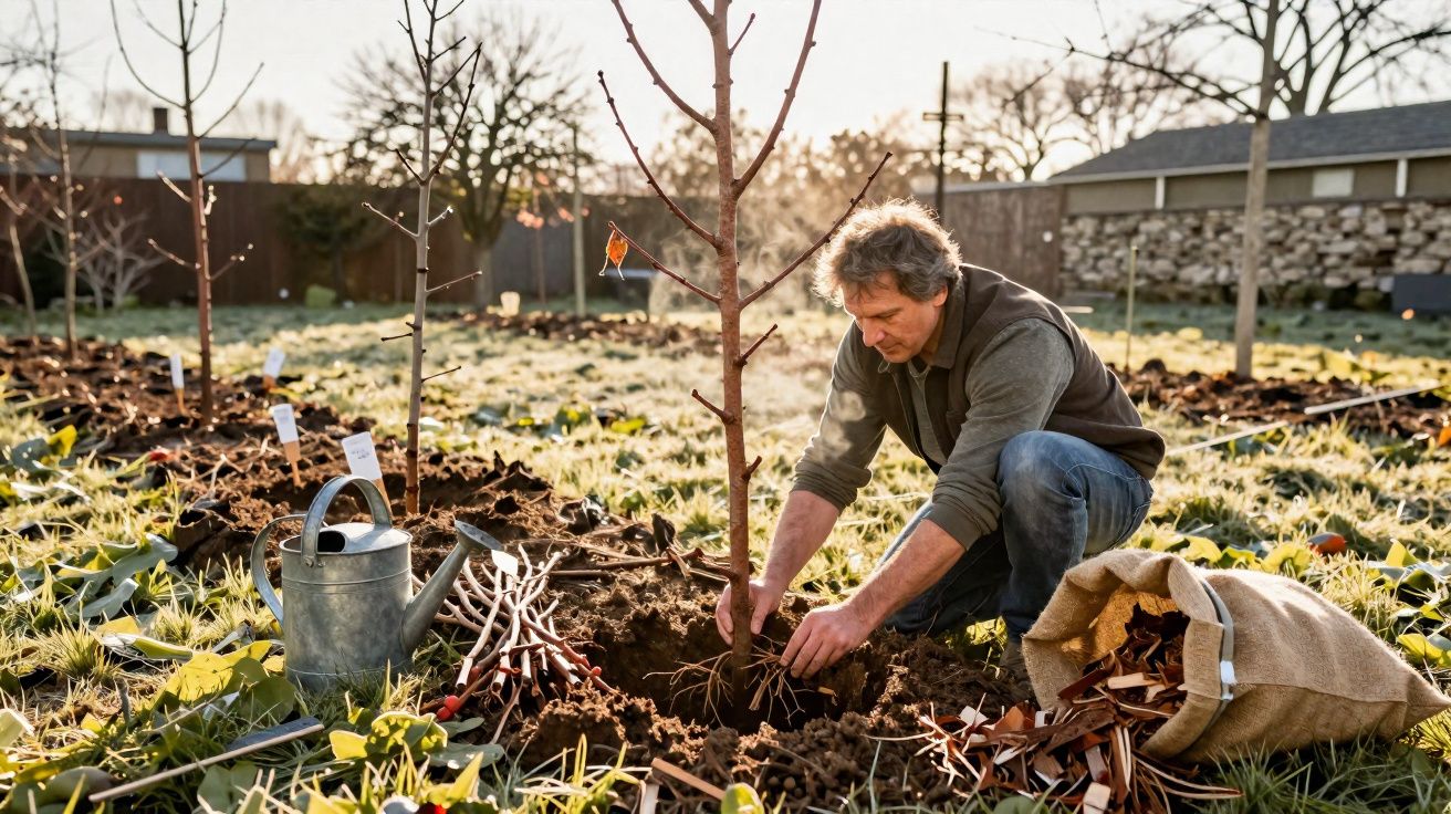 Homem a plantar uma árvore jovem num campo com regador e bolsas de ferramentas à volta durante o dia.