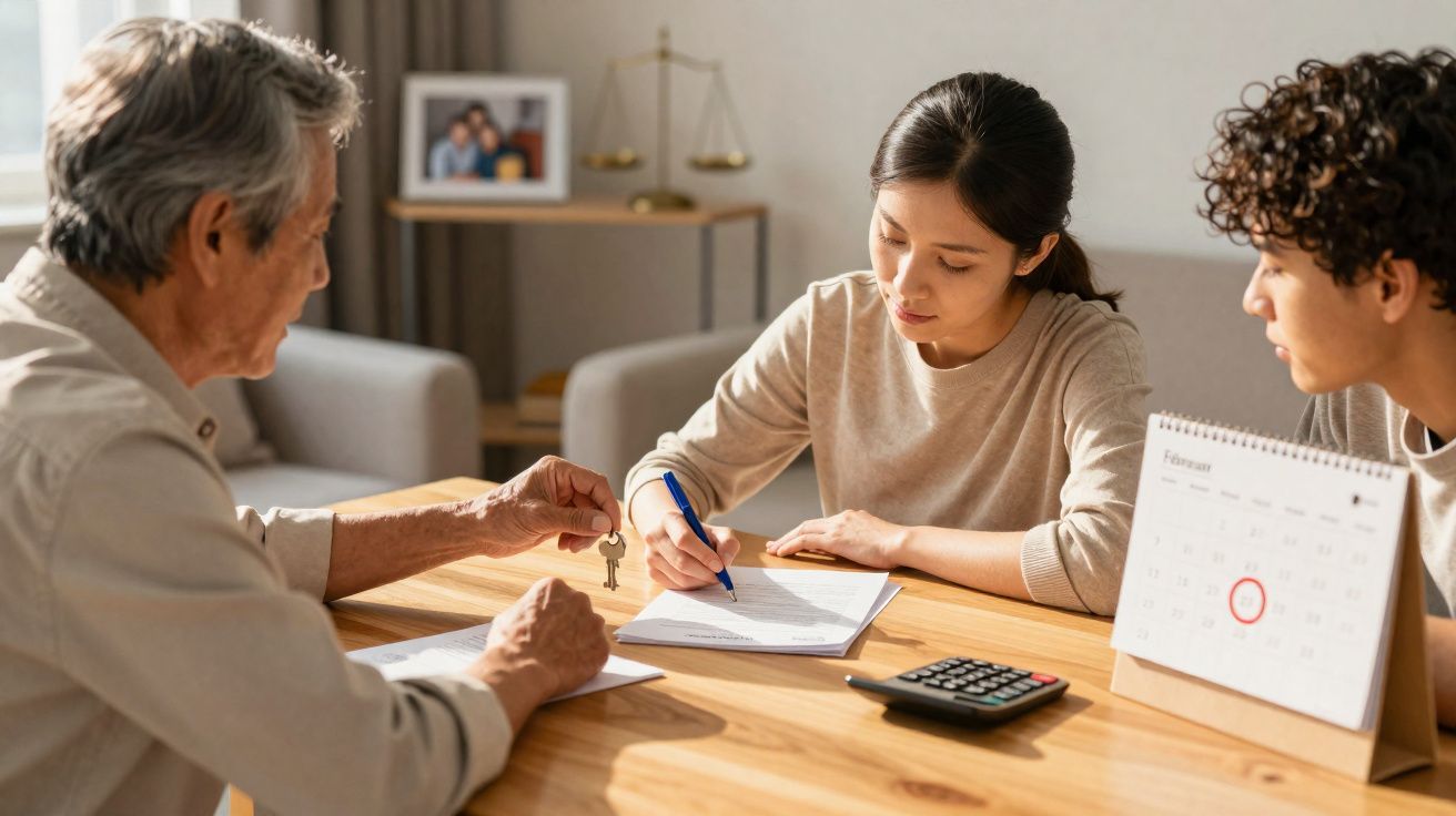 Pessoa a assinar documento enquanto recebe chaves numa mesa com calendário e calculadora.