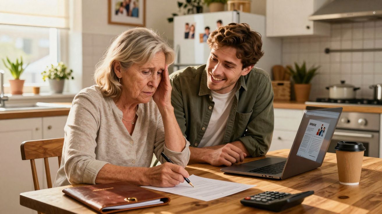 Mulher idosa preocupada a preencher documentos com homem jovem a ajudar, computador e calculadora na mesa.