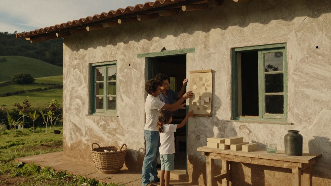 Família a colocar placa decorativa na parede de uma casa rural antiga com janelas verdes.