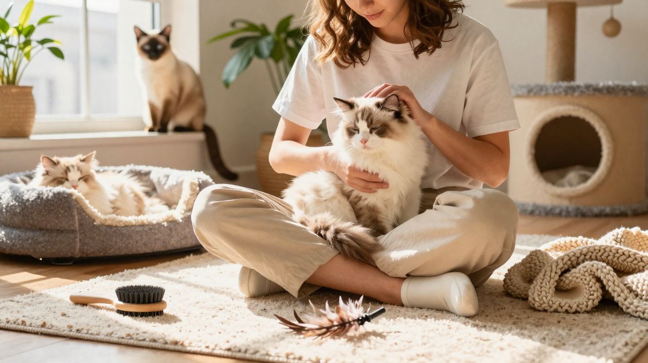Mulher sentada no chão a acariciar gato, outros dois gatos descansam perto, ambiente iluminado e confortável.