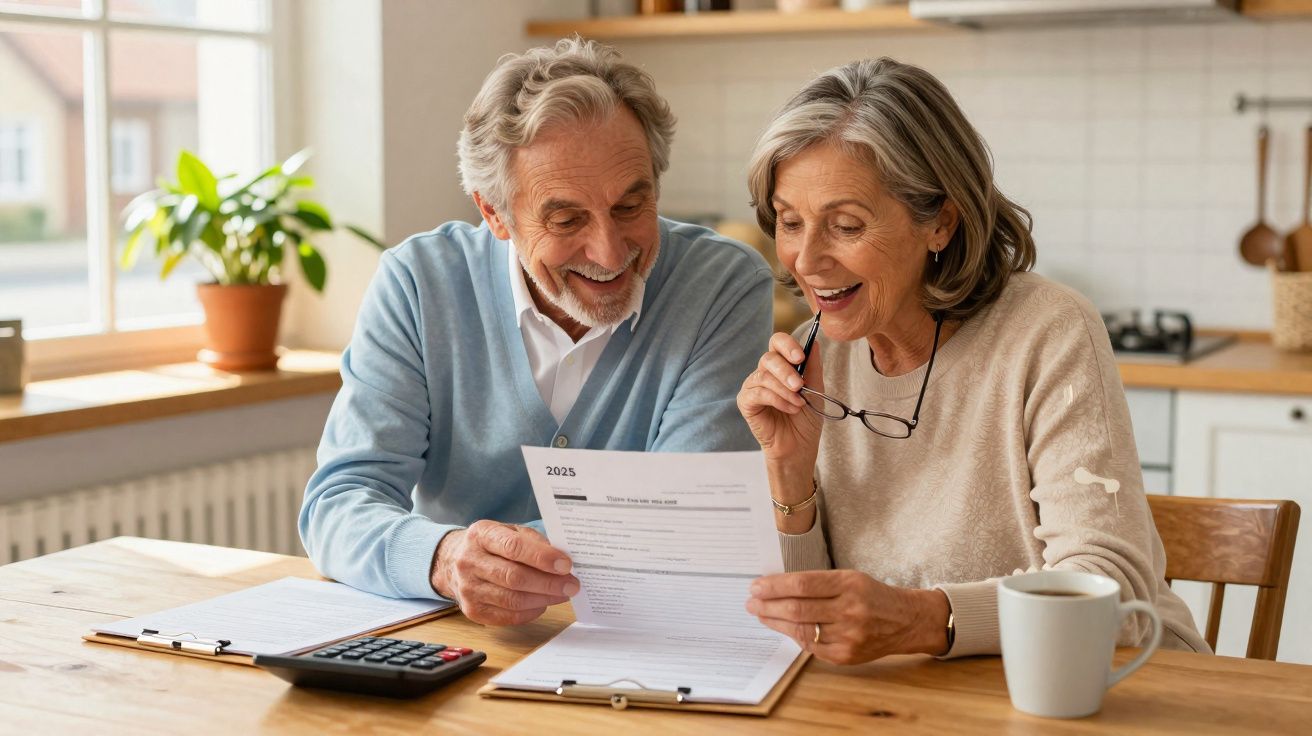 Casal sénior sentado à mesa a analisar documentos financeiros com calculadora e caneca à frente.