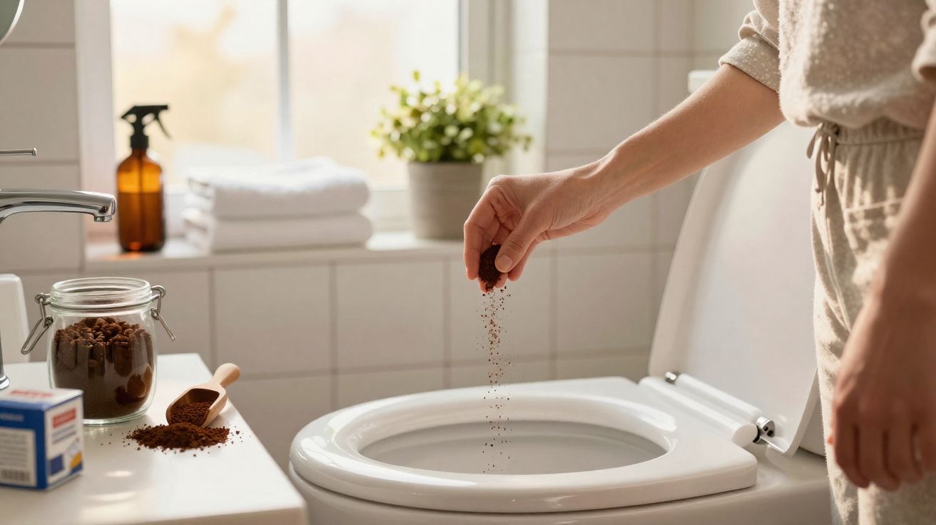 Pessoa a deitar pó de café no vaso sanitário numa casa de banho luminosa e organizada.