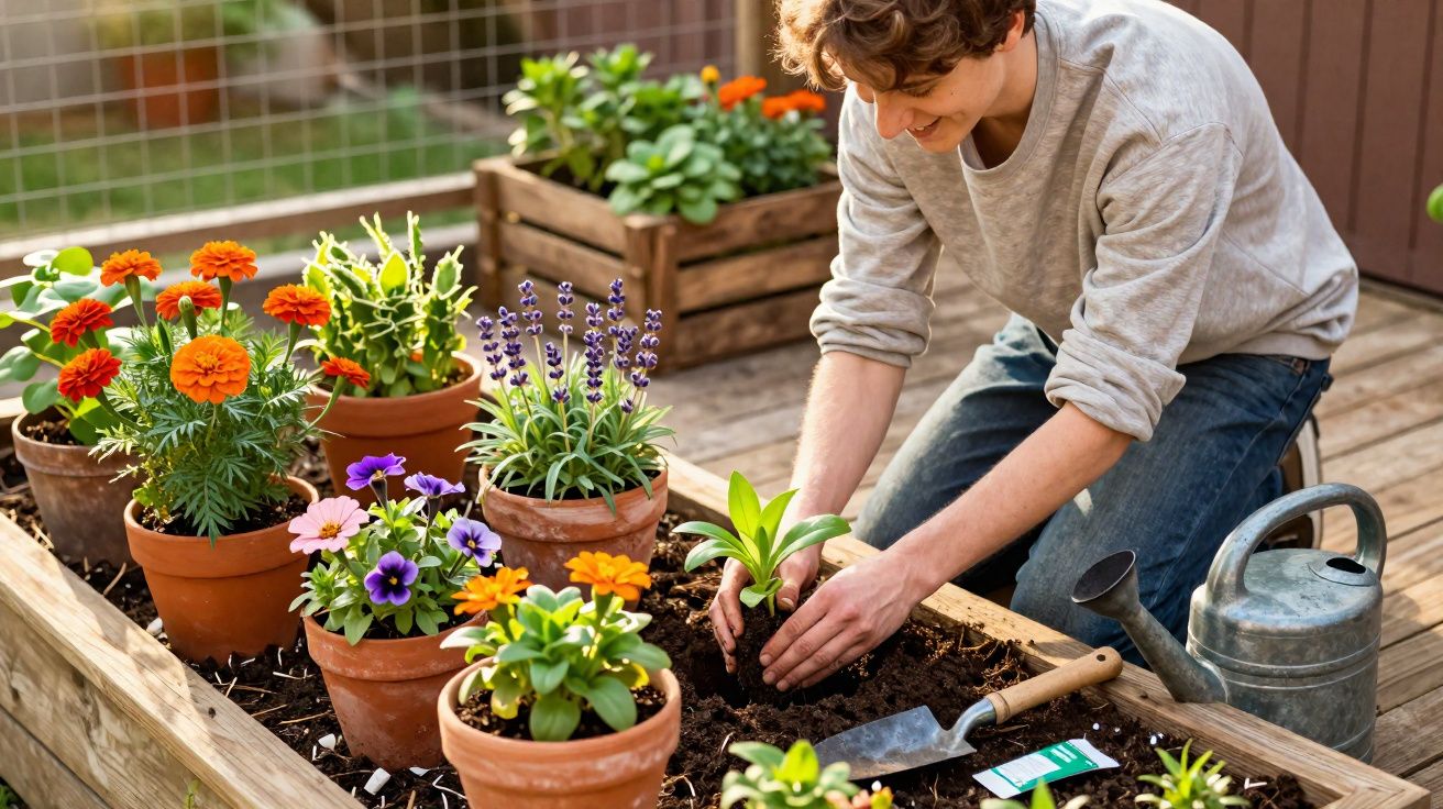 Pessoa a plantar uma muda numa horta urbana em caixa de madeira com várias flores coloridas.