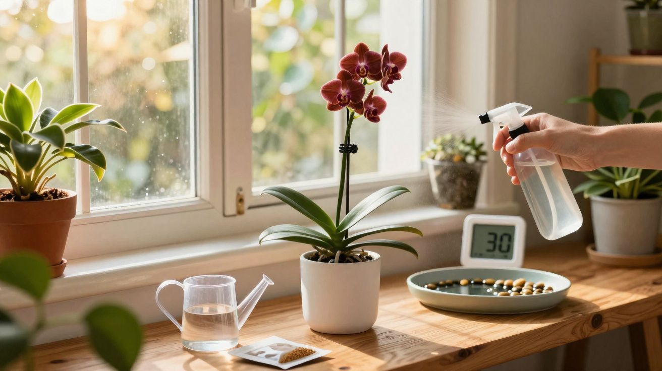 Mão a pulverizar água numa orquídea vermelha junto a janela com várias plantas em vaso numa mesa de madeira.