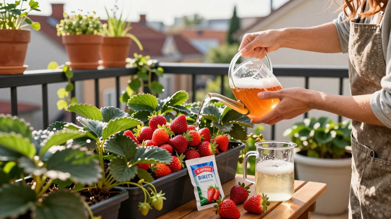 Pessoa a regar plantas de morango num vaso numa varanda com luz solar.