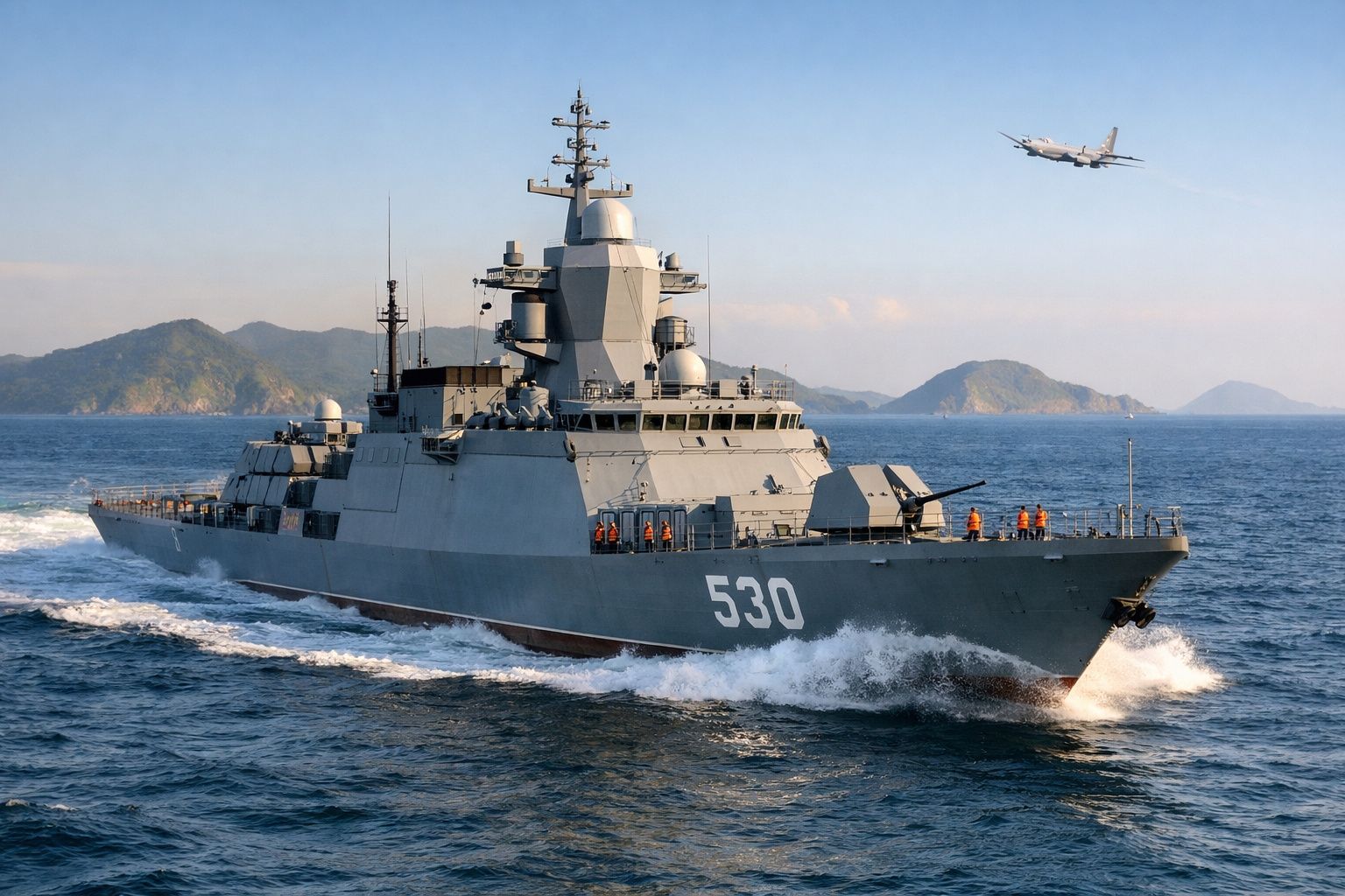 Fragata militar cinzenta com número 530 a navegar no mar, com avião a sobrevoar e ilhas ao fundo.