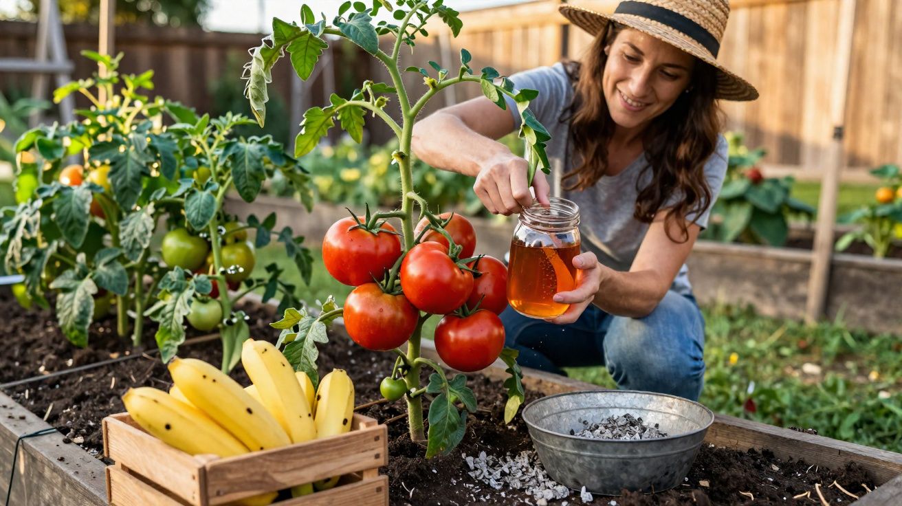 Mulher a cuidar de plantas de tomate num jardim, com caixa de bananas ao lado.