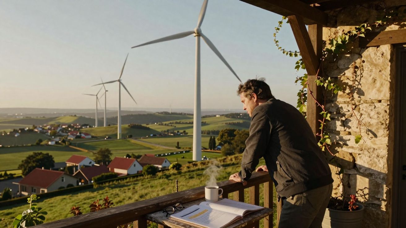 Homem a apreciar a paisagem rural com turbinas eólicas ao longe enquanto toma café numa varanda de madeira.