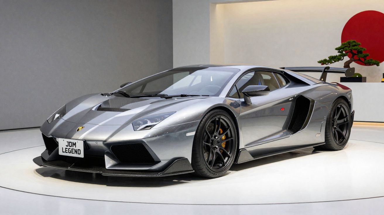 Carro desportivo cinzento metálico com design aerodinâmico e spoiler traseiro, exposto numa plataforma branca.