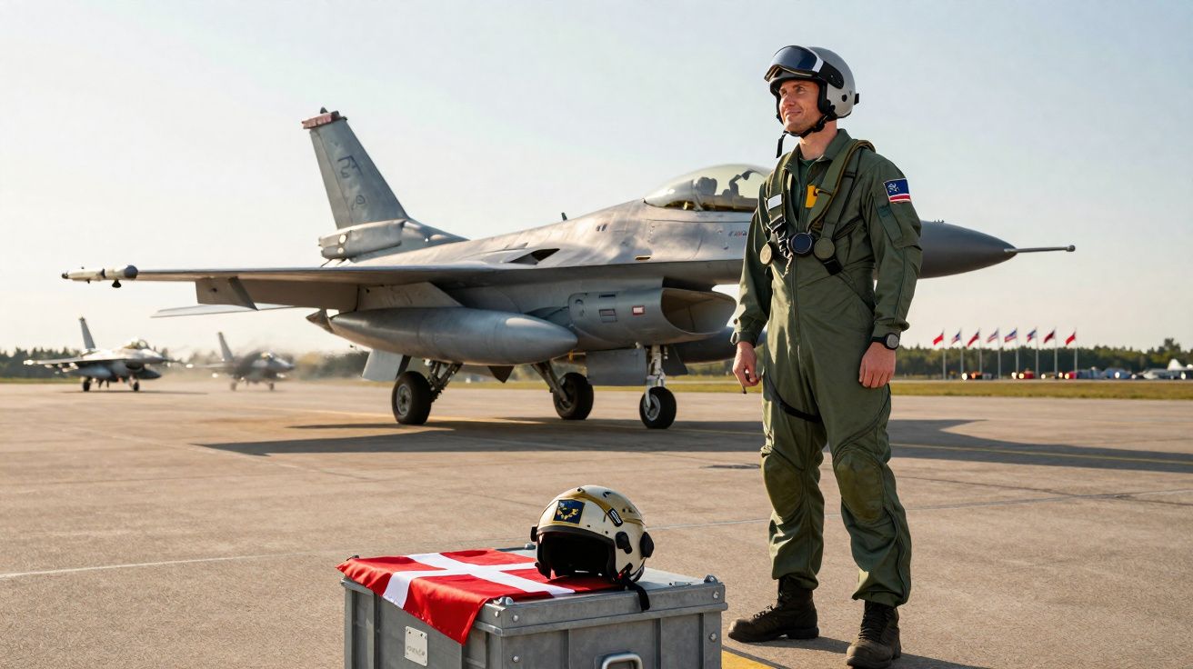 Piloto militar em fato de voo verde com capacete, ao lado de caça F-16 e caixa metálica coberta com bandeira dinamarquesa.