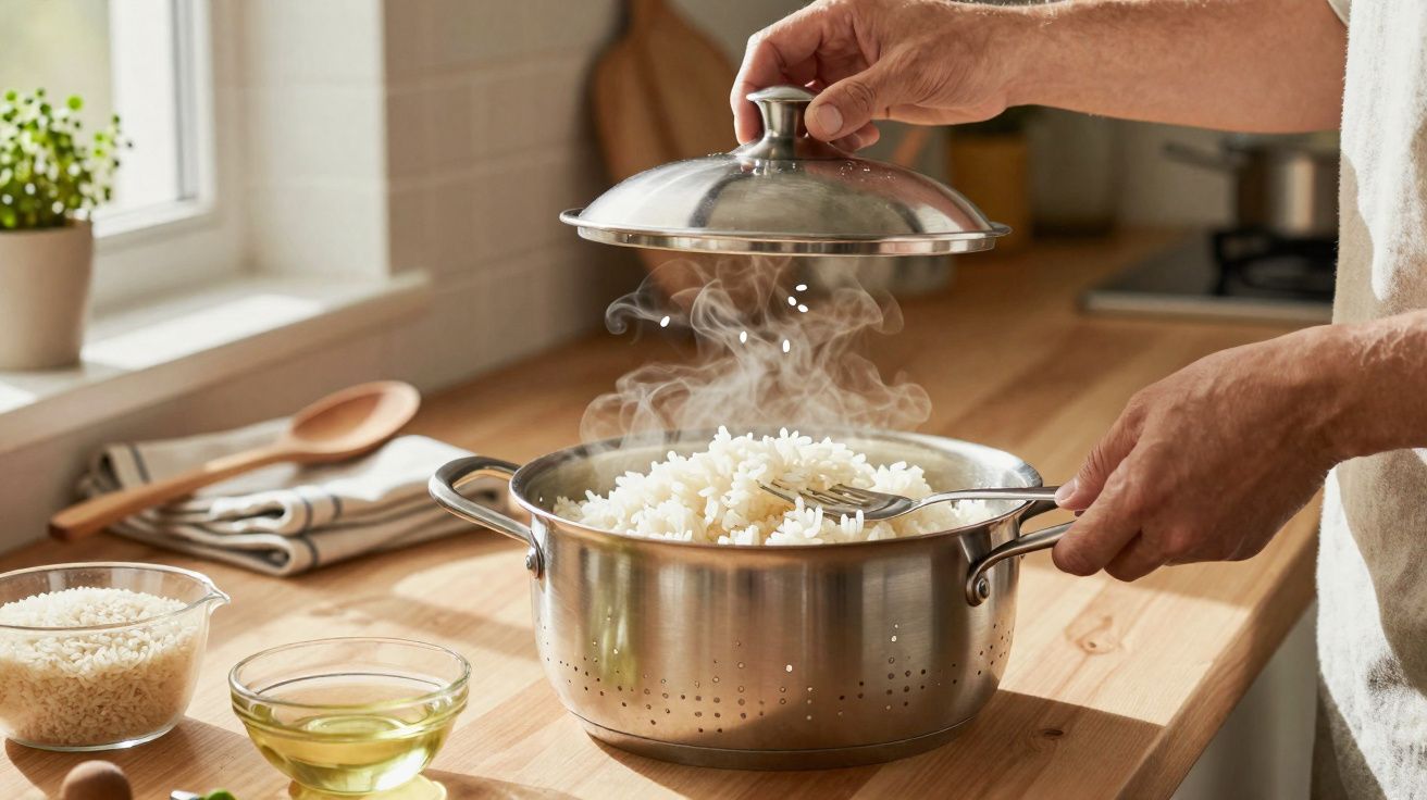 Mãos a levantar tampa de panela com arroz cozido a vapor numa cozinha bem iluminada.