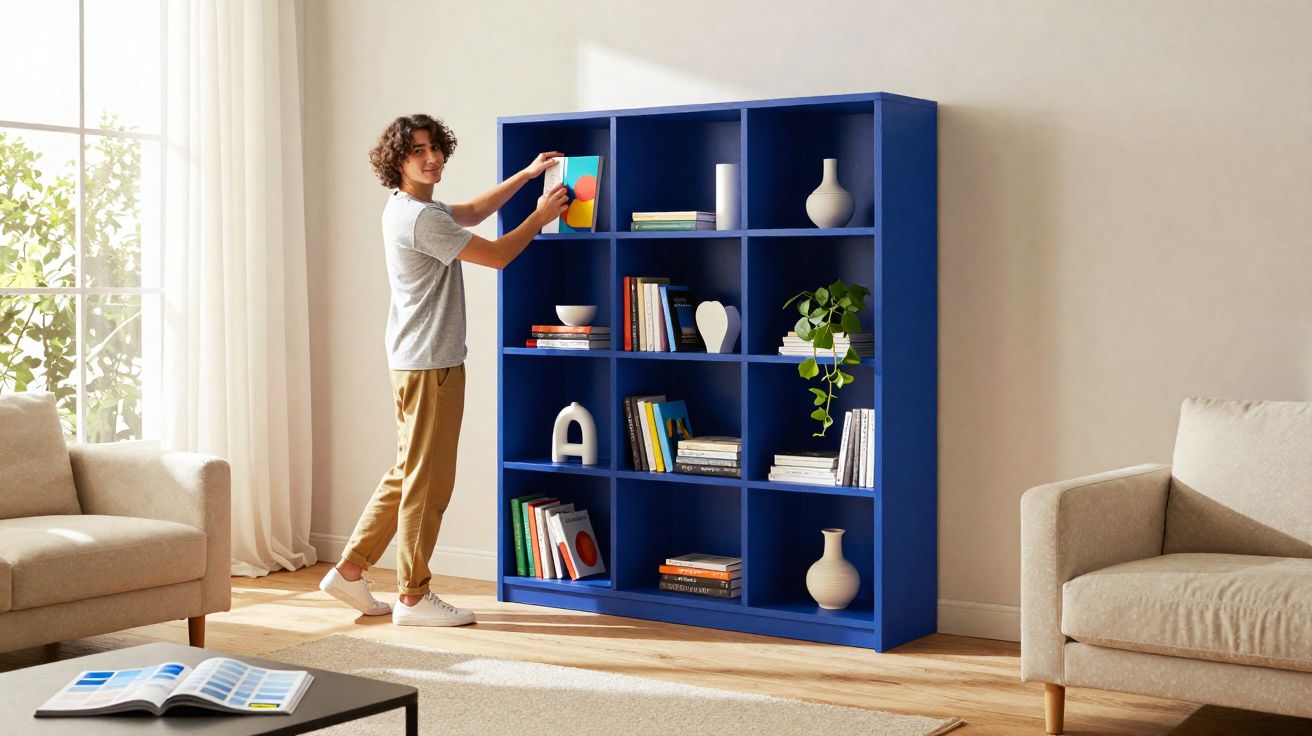 Jovem a organizar livros numa estante azul numa sala de estar luminosa com sofás bege e mesa preta.