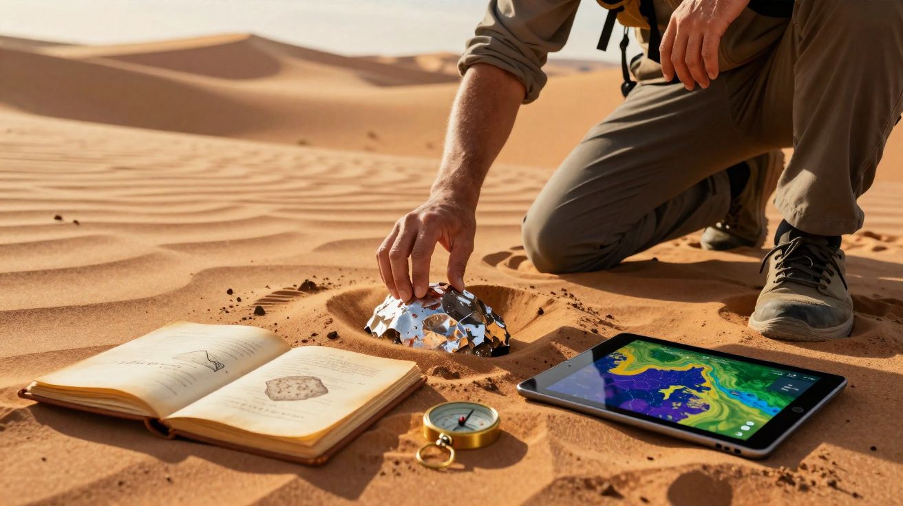 Pessoa apoia-se no joelho na areia do deserto com um livro, bússola, tablet e objeto metálico refletor.