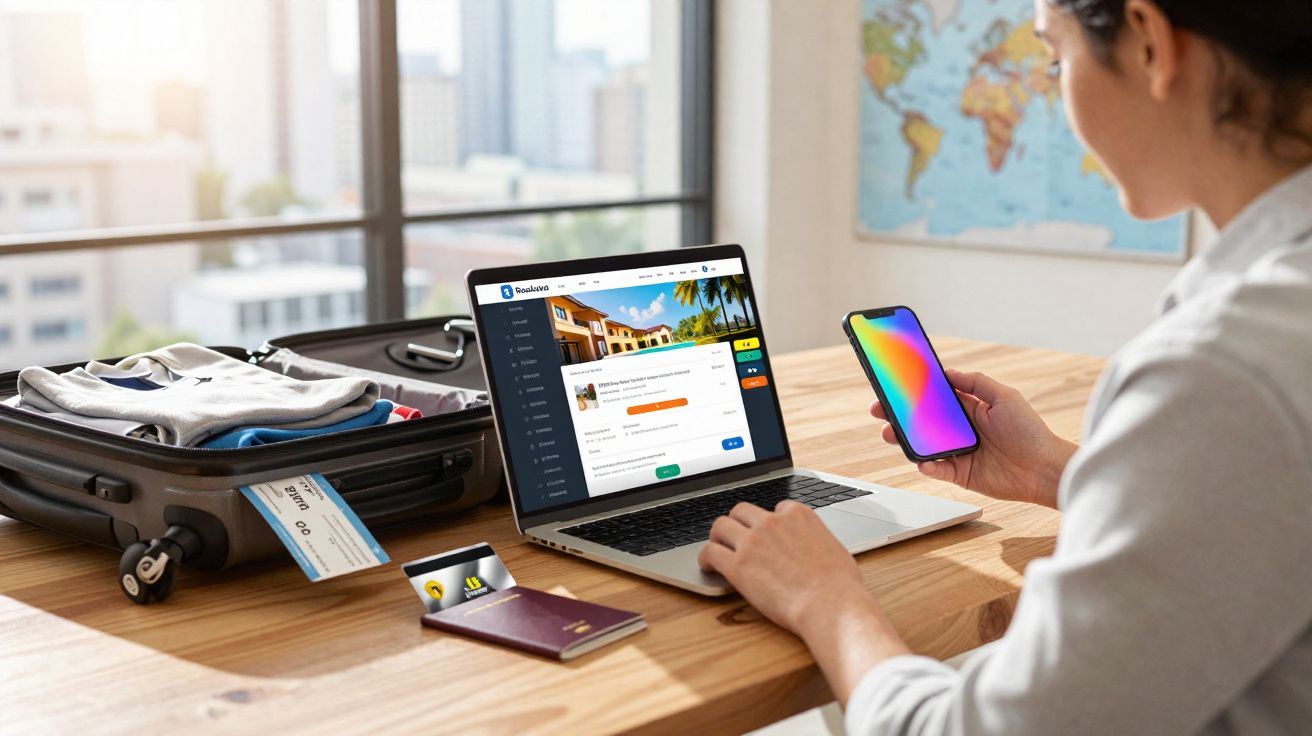Pessoa a reservar viagem num computador portátil com malas e passaporte numa mesa junto a uma janela.