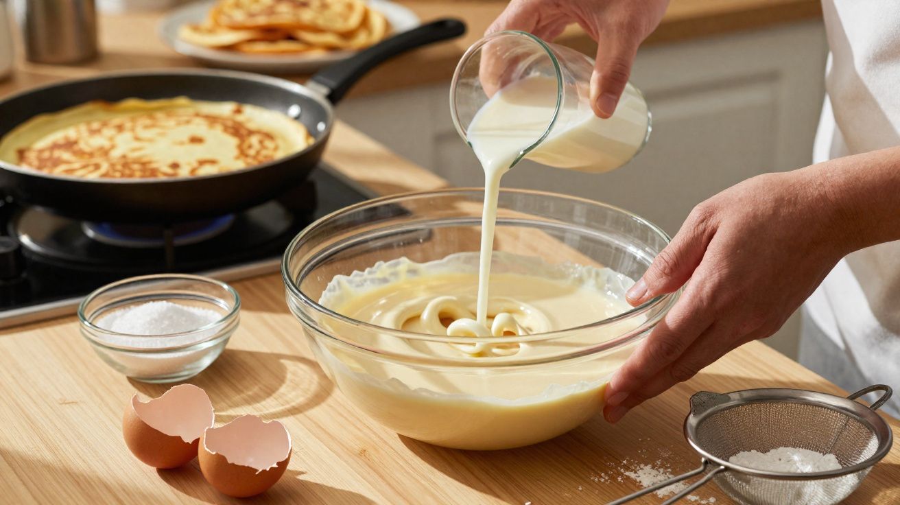 Mãos a verter leite numa taça com massa para panquecas, com ovos partidos, sal e panquecas a cozinhar ao fundo.