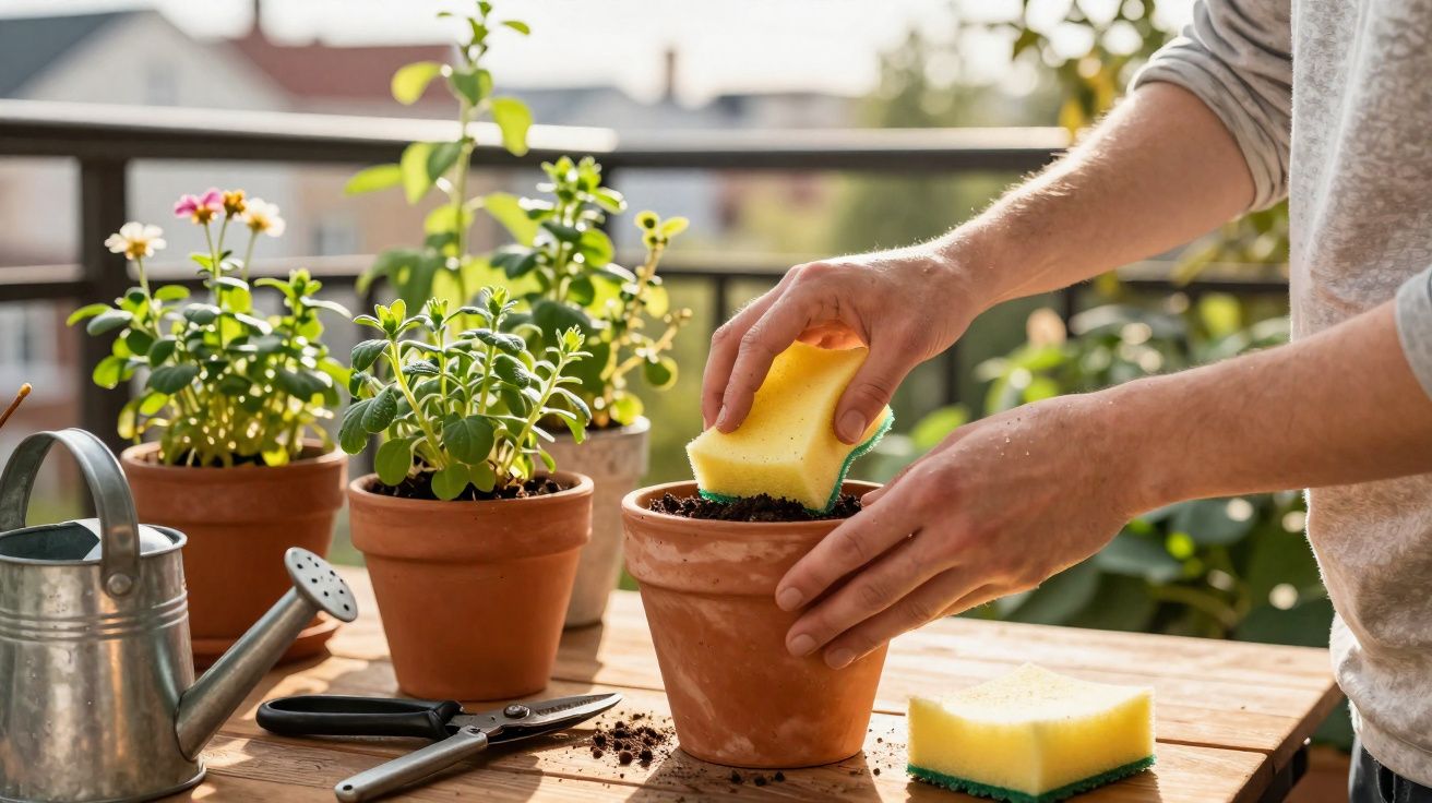 Pessoa a cuidar de plantas em vasos de barro num jardim urbano com esponja amarela.