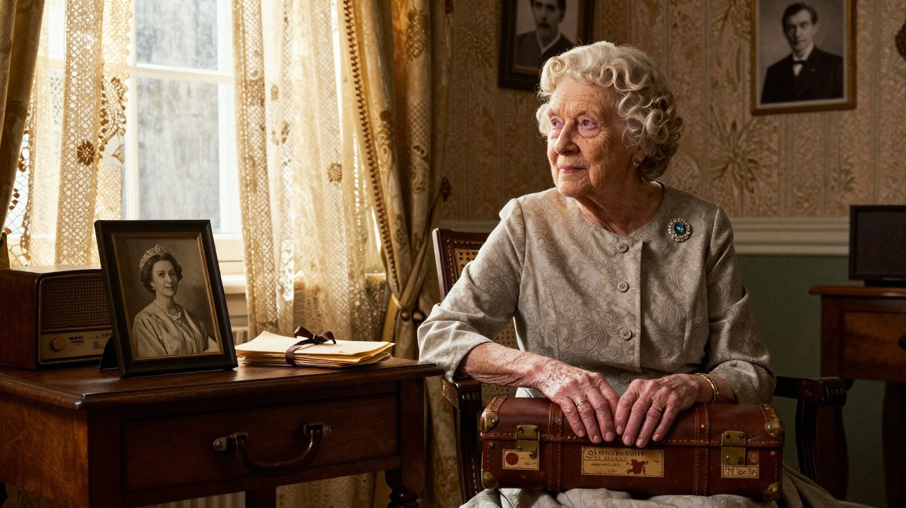 Idosa sentada numa cadeira segurando uma mala, ao lado de uma mesa com retrato e rádio antigos.