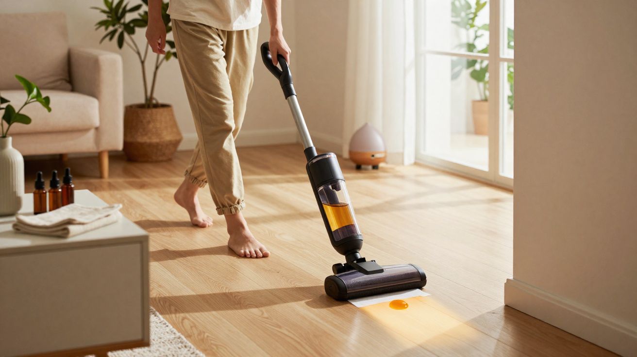 Pessoa a aspirar um chão de madeira claro, removendo um líquido derramado, numa sala iluminada por luz natural.