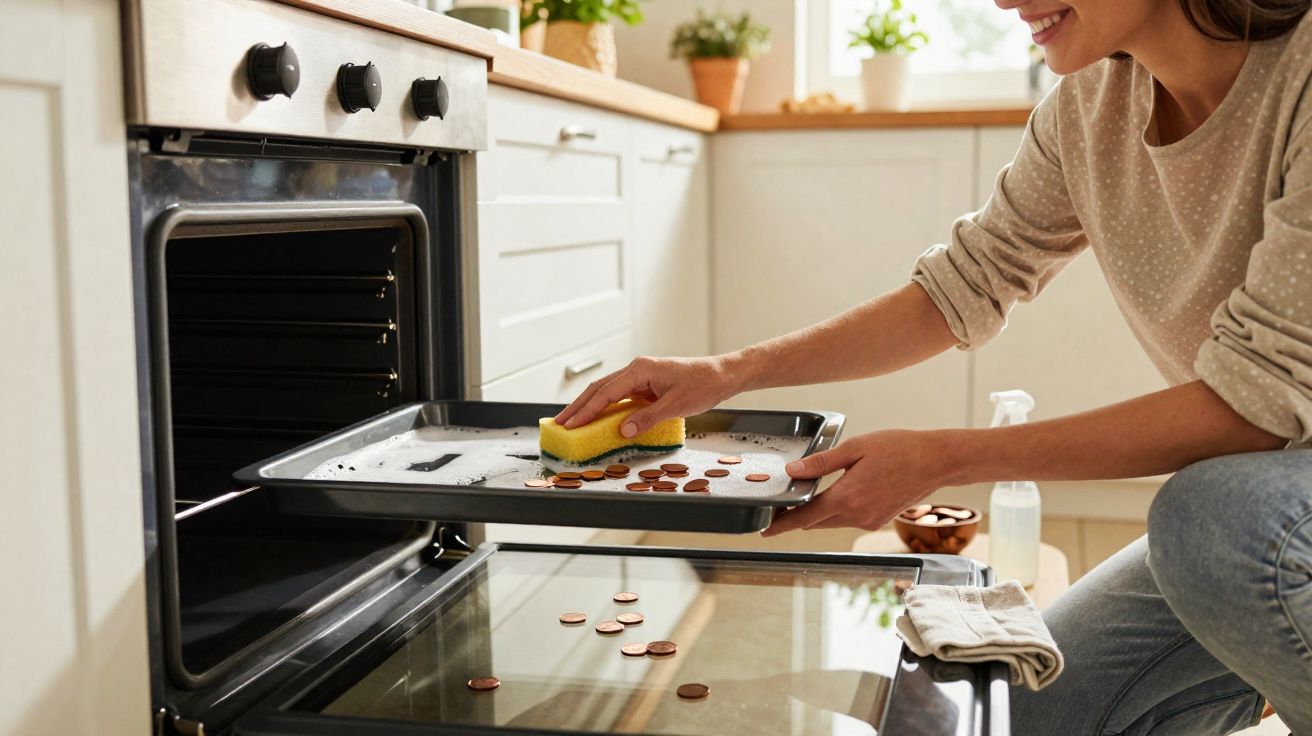 Mulher a limpar tabuleiro do forno com esponja na cozinha moderna e luminosa.