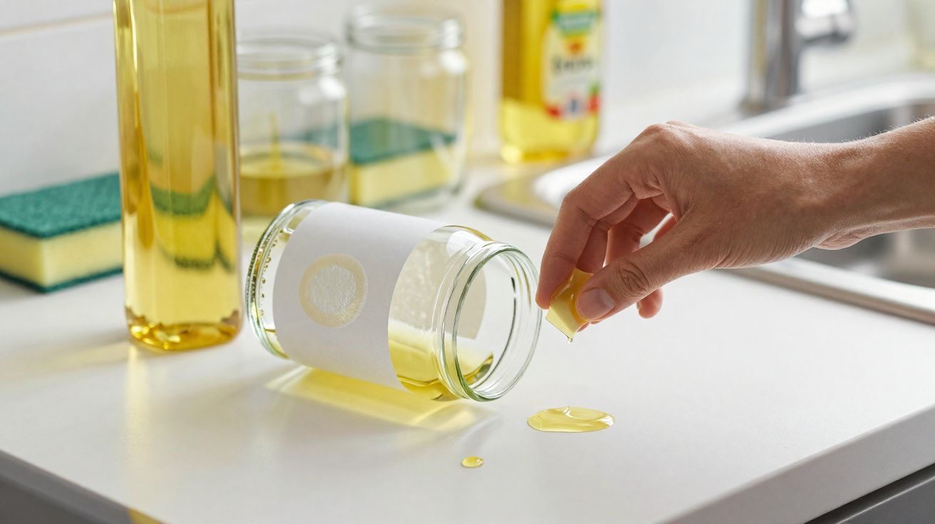 Mão a limpar óleo derramado na bancada da cozinha com pedaço de esponja amarela ao lado de frascos de vidro e garrafa.
