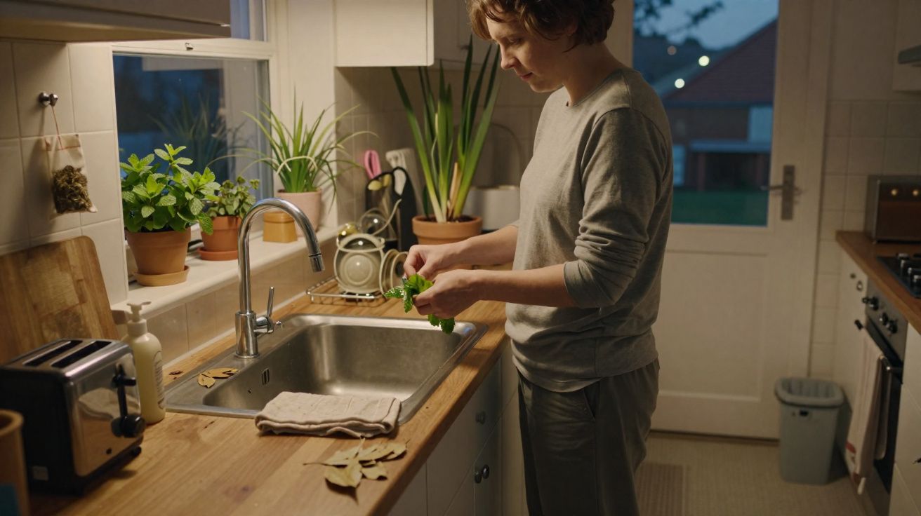 Pessoa a preparar ervas frescas na cozinha com vasos de plantas junto à janela ao anoitecer.