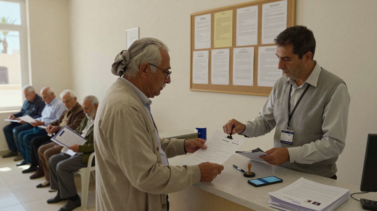 Homem sénior recebe documentos em balcão de serviço com mais homens sentados à espera numa sala iluminada.