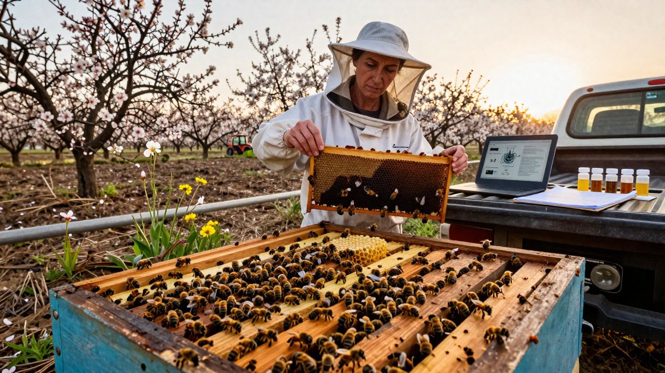 Apicultor a examinar um quadro com abelhas numa colmeia no campo durante o pôr do sol.