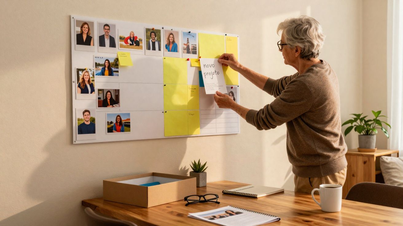 Homem sénior organiza notas e fotos numa placa de projeto num escritório com luz natural.