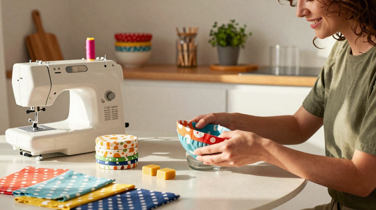 Mulher a fazer capa reutilizável para tigela com máquina de costura e tecidos coloridos com bolinhas na mesa.
