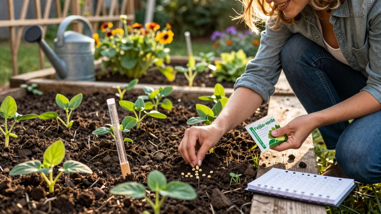 Pessoa a plantar sementes de feijão-verde numa horta com plantas e regador ao fundo.