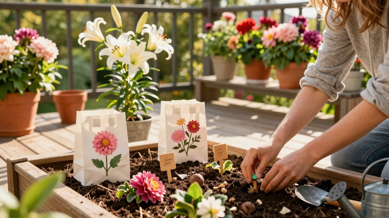 Pessoa a plantar sementes numa horta urbana com flores coloridas em vasos no fundo num dia ensolarado.