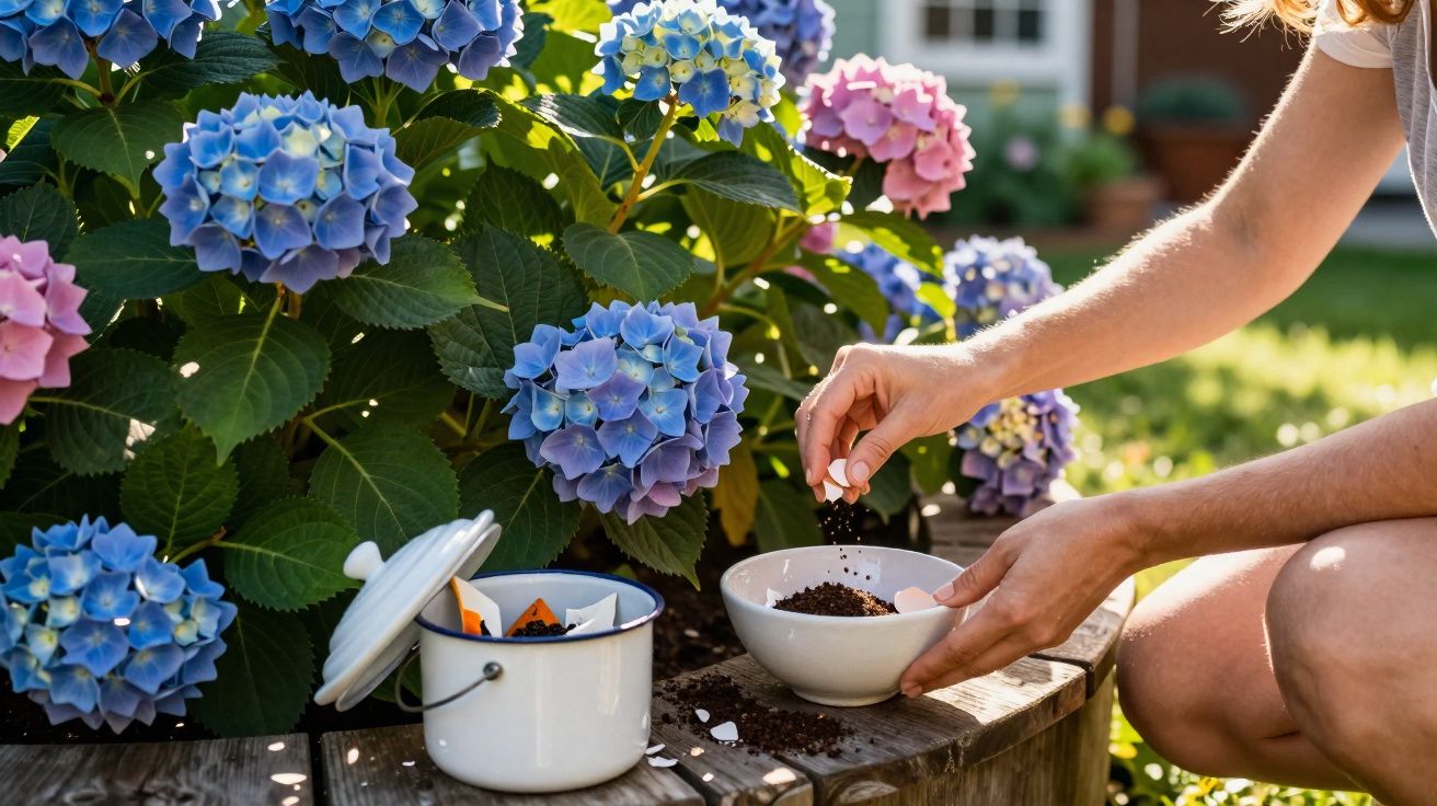 Pessoa a plantar sementes em vaso junto a flores de hortênsia azuis e rosa num jardim ensolarado.