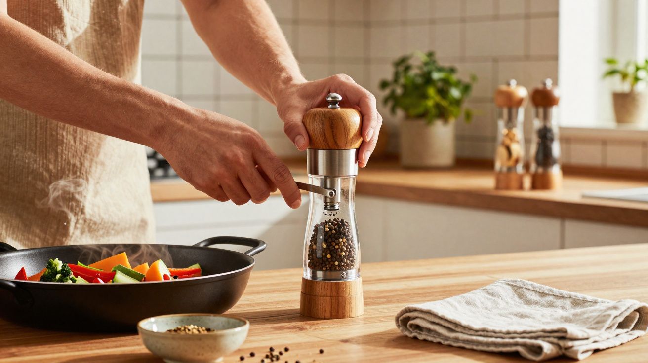Pessoa moendo pimenta preta em moinho de madeira com legumes coloridos numa frigideira.