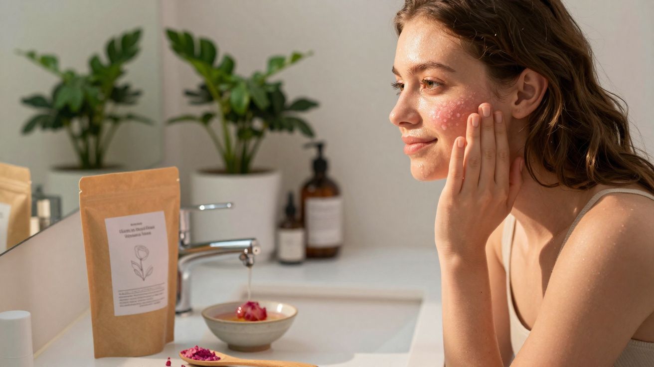 Mulher com manchas no rosto aplica produto de beleza no rosto numa casa de banho iluminada.