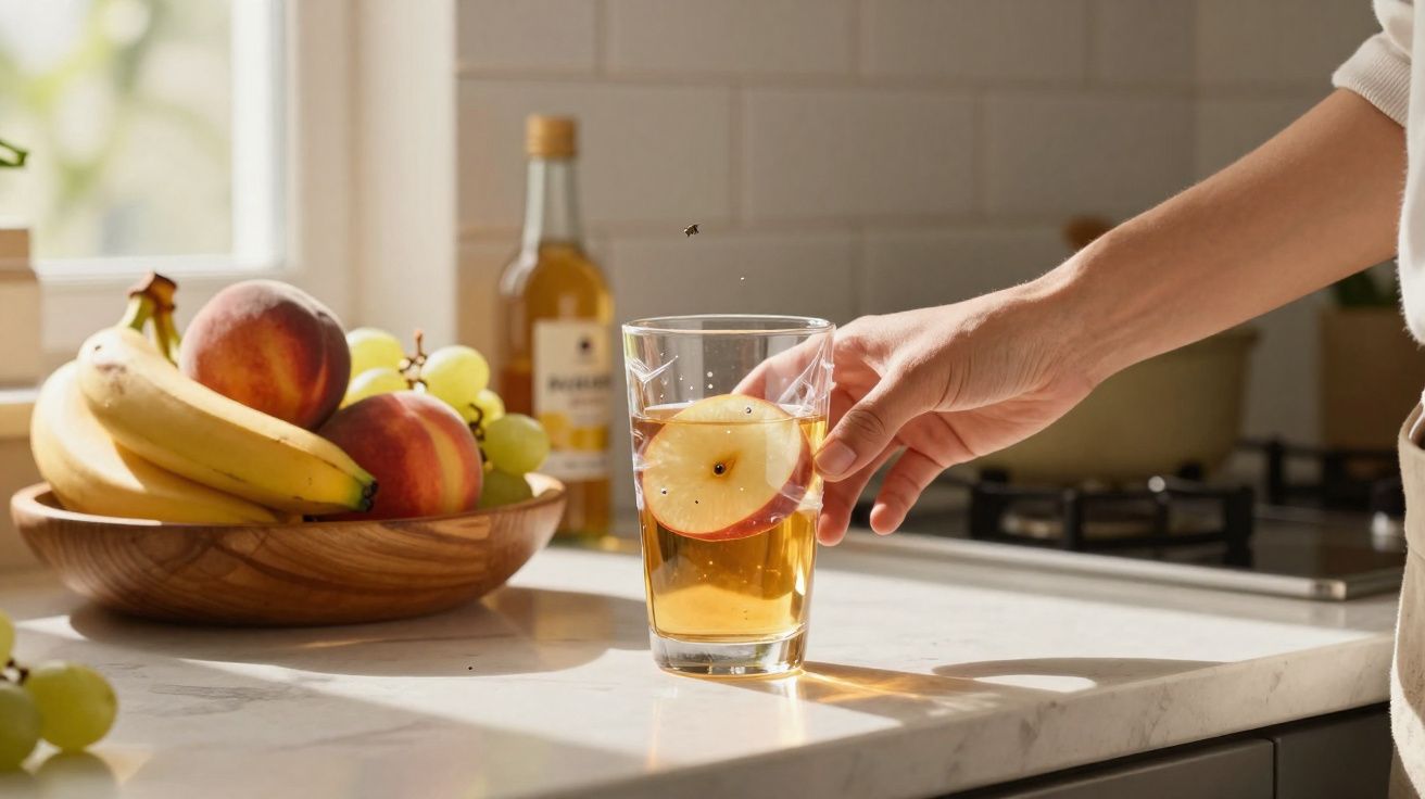 Mão a segurar copo com bebida amarela e fatia de maçã, fruta e garrafa sobre bancada de cozinha.
