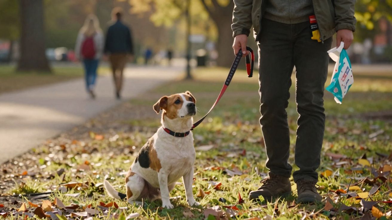Cão sentado em relva com trela, ao lado de pessoa que segura embalagem em parque com folhas caídas.
