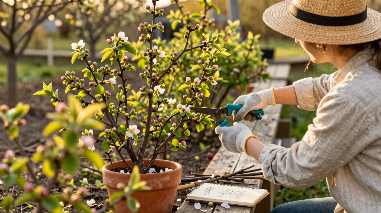 Pessoa a podar planta florida em vaso de barro num jardim, usando chapéu de palha e luvas.