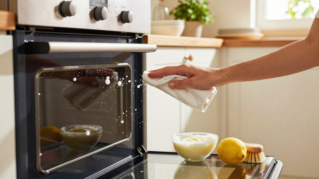 Pessoa a limpar o interior da porta do forno com um pano branco e ingredientes de limpeza ao lado.