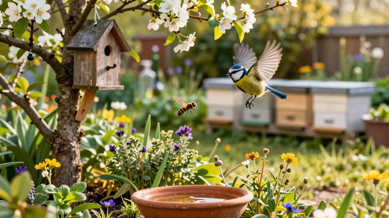 Pássaro azul em voo perto de flores e um jarro de água num jardim florido com casa de pássaros e abelhas.