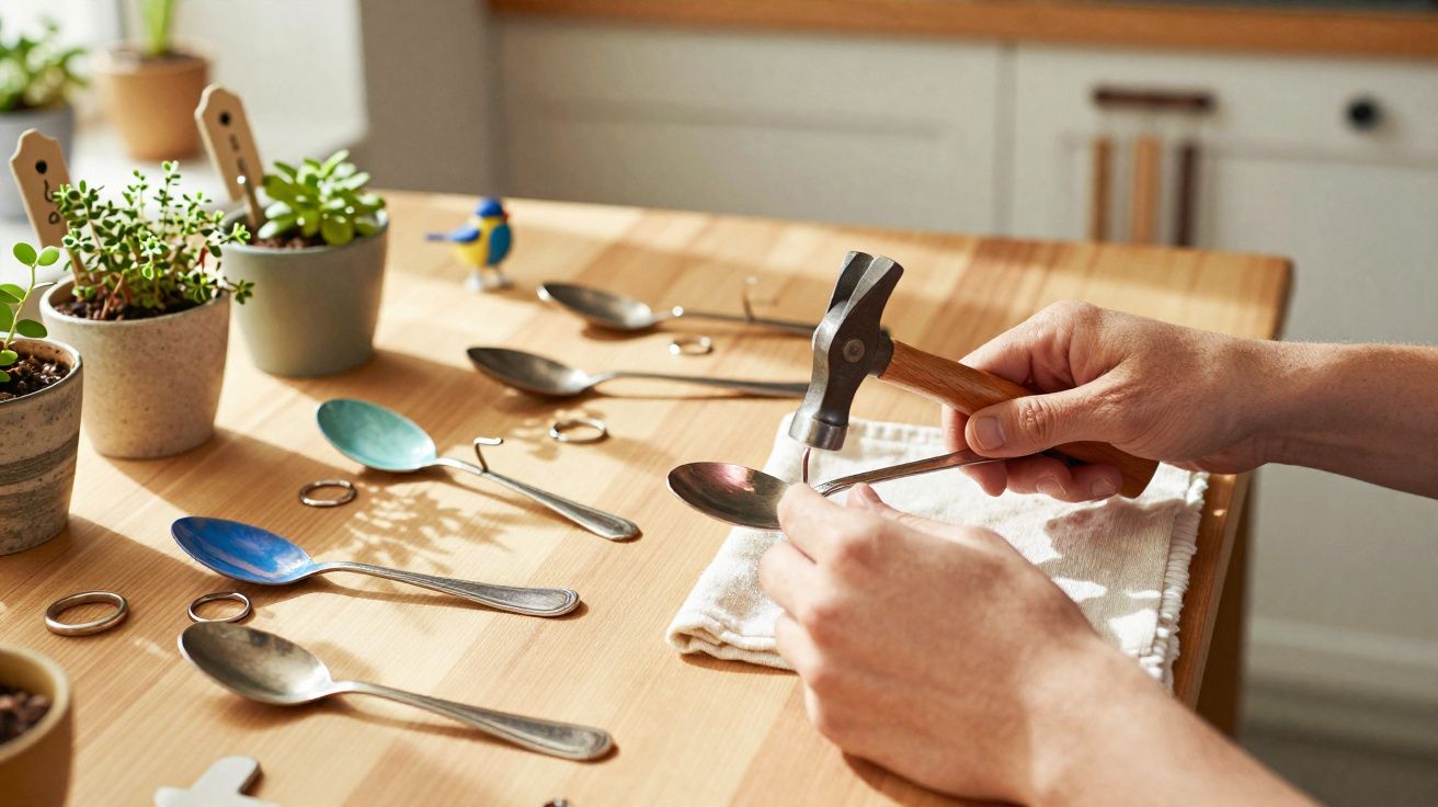 Pessoa a moldar uma colher de metal com um martelo numa mesa com colheres e plantas.