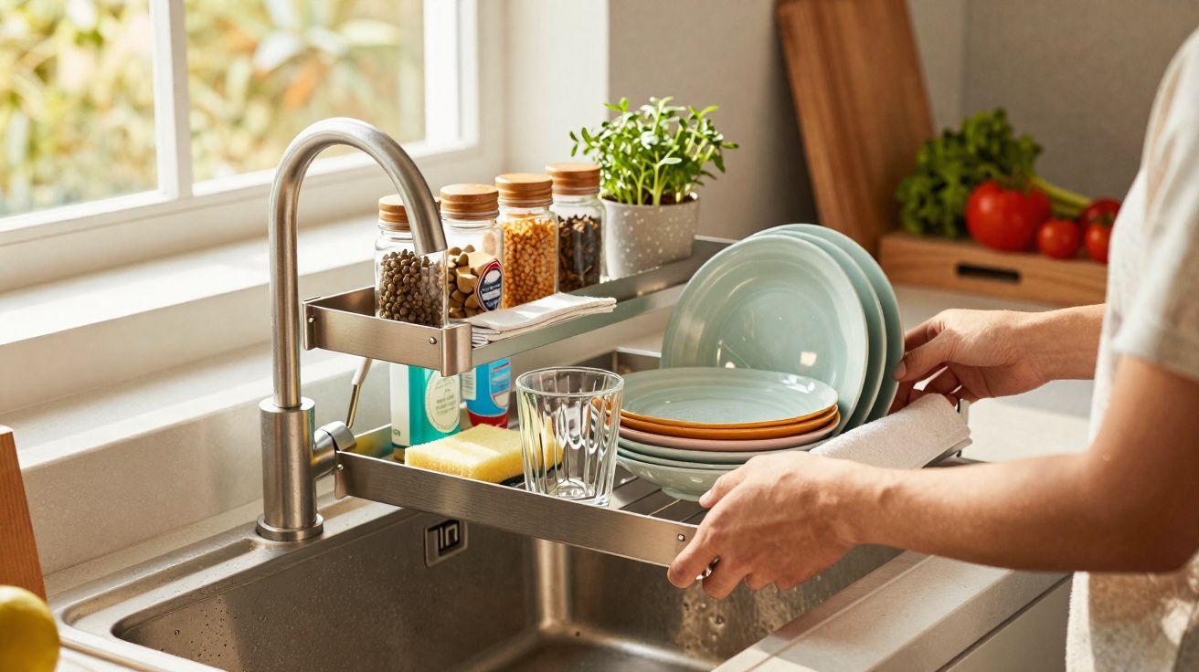 Pessoa a secar pratos num escorredor metálico junto a uma torneira de cozinha, com condimentos e plantas ao fundo.