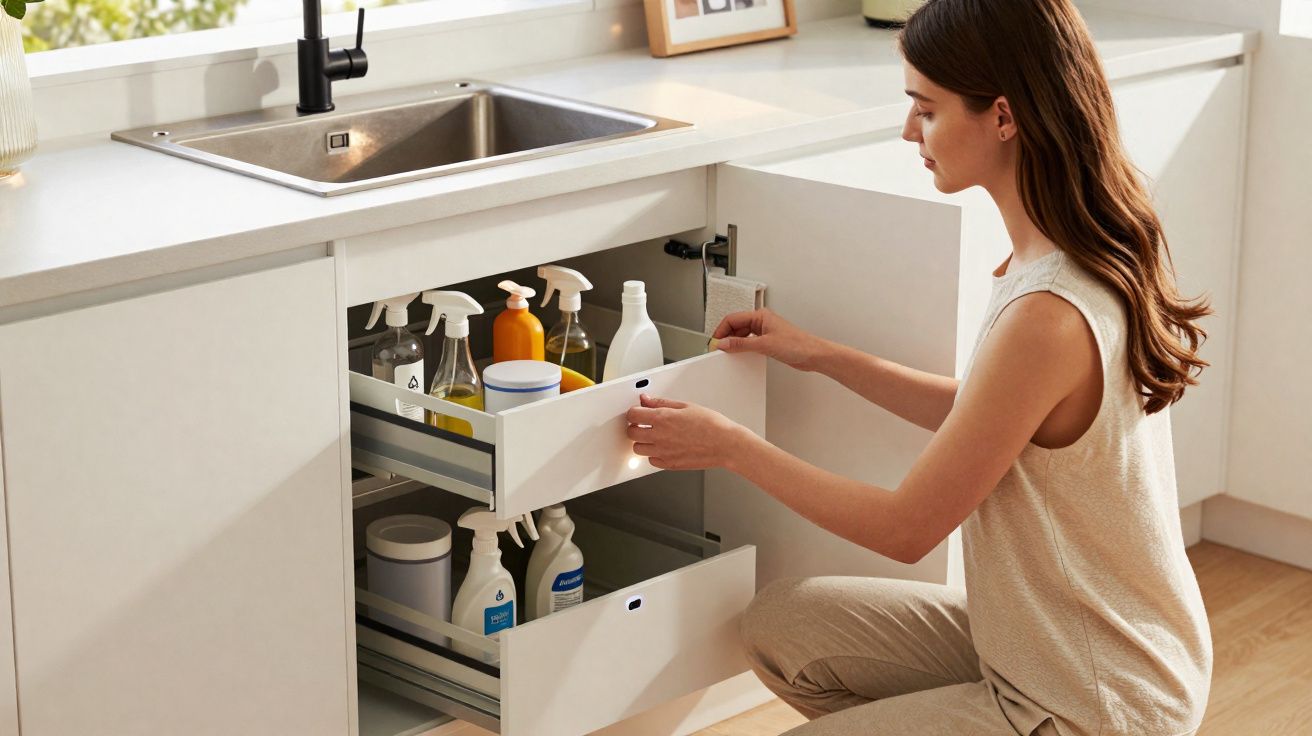 Mulher abre gaveta de cozinha com produtos de limpeza junto ao lava-loiça branco e bancada clara.
