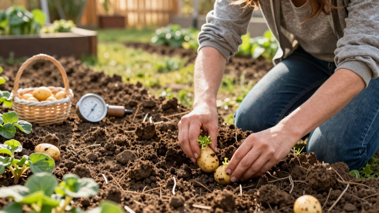 Pessoa a colher batatas numa horta, com cestinho de batatas e medidor de humidade no solo.