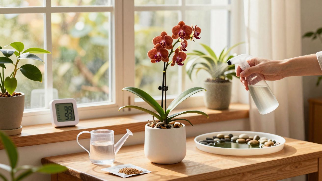 Pessoa a pulverizar uma orquídea vermelha num vaso branco numa mesa de madeira junto a uma janela.