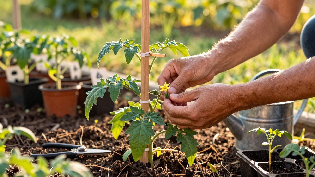 Mãos a cuidar de uma planta de tomateira jovem com flor amarela no jardim, com regador e tesoura no solo.