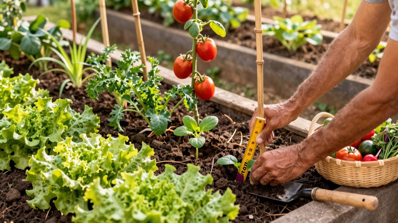 Pessoa a medir distância em canteiro com alface, tomates e cesta com vegetais frescos ao lado.