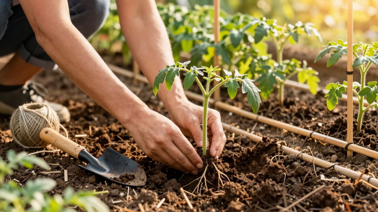 Pessoa a plantar muda de tomateiro em solo preparado num jardim com rega por gotejamento.