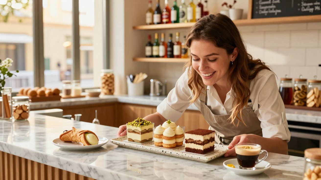 Mulher sorridente a servir três sobremesas e um café num balcão de pastelaria.
